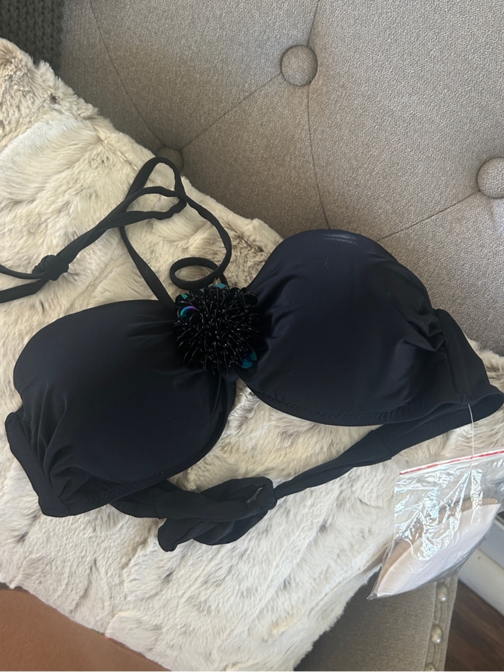 Black Floral Accent Bandeau Bikini Top - Women Swim Bikini